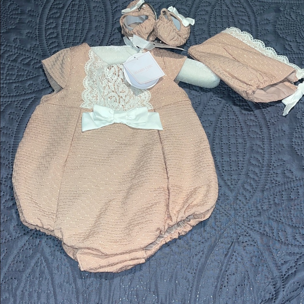 Shabby Chic Pink Baby Set with White Lace